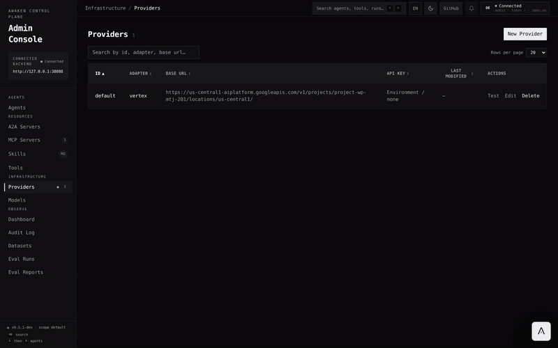 Awaken admin console walkthrough — connect Gemini on Vertex, build an agent by hand, run a live eval